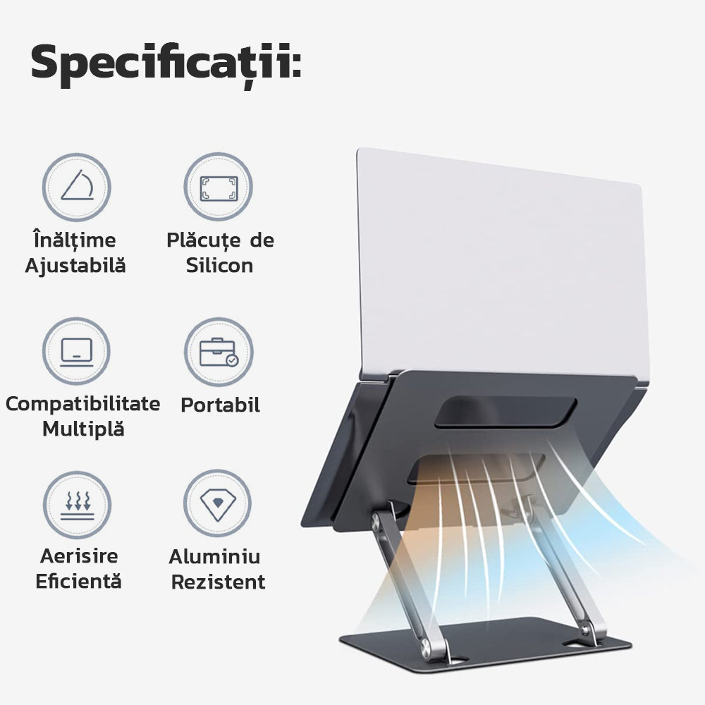 Suport Laptop Pliabil Zenino - Design Special Disipare Caldura, Multifunctional, Ajustabil, Ventilare Notebook,Tableta, Compact, 11-17inch Gri/Negru