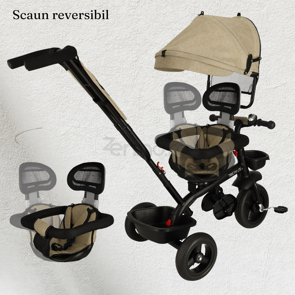 Tricicleta pentru Copii, cu Scaun Reversibil, Cos Depozitare, Copertina Imperpeabila, Bare de Siguranta, 30kg, Prelata Detasabila, Crem/Gri