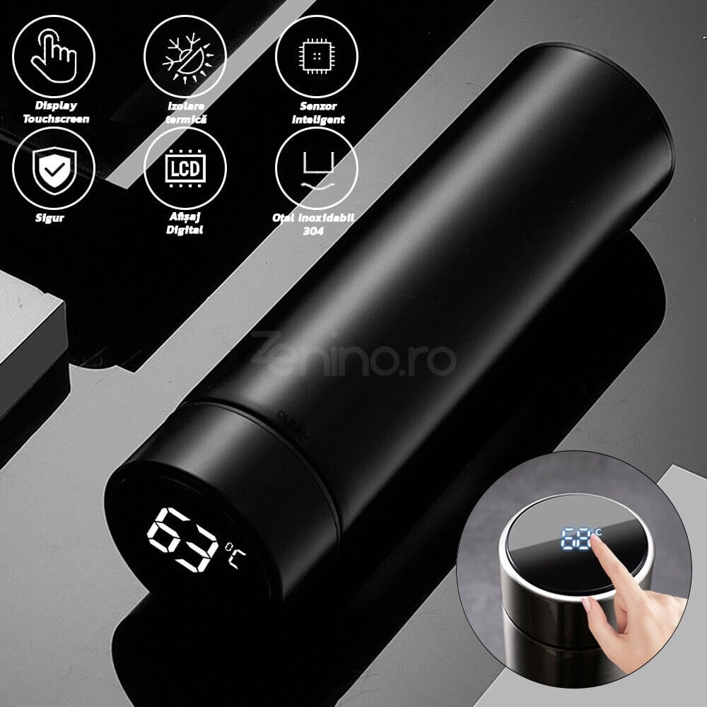 Termos Inteligent - Afisaj LED pentru Temperatura, Senzor TouchScreen, Capacitate 500ml, Otel Inoxidabil