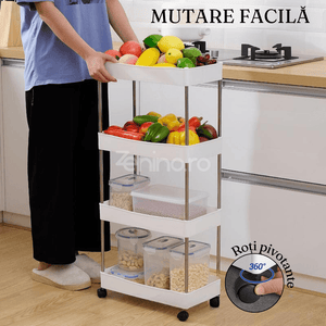 Etajera Depozitare cu 4 Niveluri, Organizare in Bucatarie, Baie, Carlige Accesorii, Cadru Rezistent, Max. 20kg, cu Roti, 38x88x20.5cm, Negru, Alb