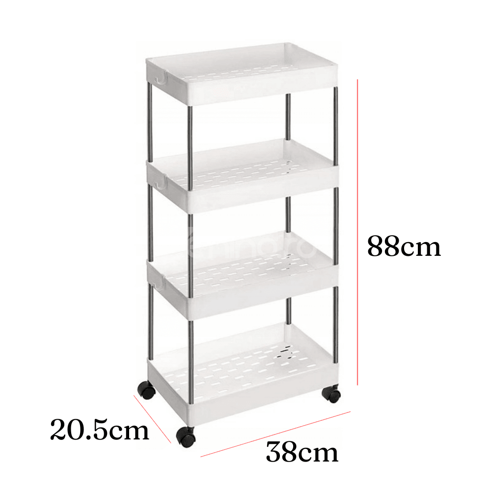 Etajera Depozitare cu 4 Niveluri, Organizare in Bucatarie, Baie, Carlige Accesorii, Cadru Rezistent, Max. 20kg, cu Roti, 38x88x20.5cm, Negru, Alb