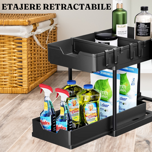 Raft Organizator cu 2 Niveluri Retractabile, Potrivit sub Chiuveta, Bucatarie, Baie, Carlige Incluse, Plastic