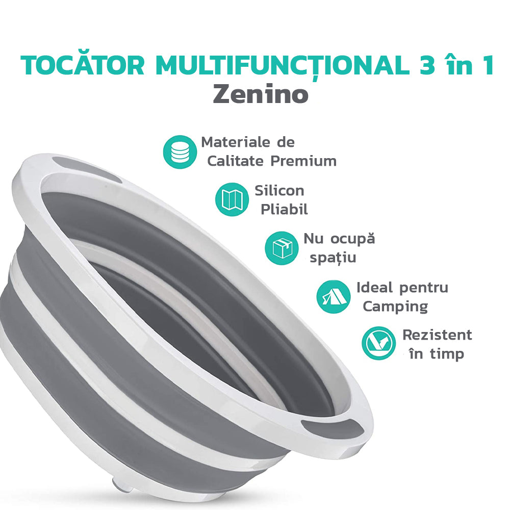 Tocator Multifunctional 3in1 Zenino - Vas de Spalat/Depozitat, Capacitate 5L, Zona de Scurgere, Pliabil, Picioare Anti-Aderente, Cos Fructe si Legume, Alb/Gri