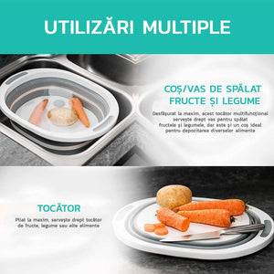 Tocator Multifunctional 3in1, Vas de Spalat/Depozitat, Capacitate 5L, Zona de Scurgere, Pliabil, Picioare Anti-Aderente, Cos Fructe si Legume, Alb/Gri