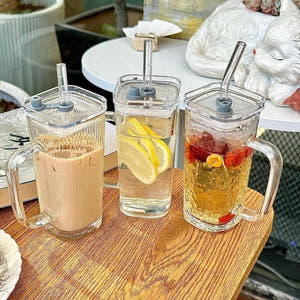 Pahar din Sticla, 330ml, cu Pai, Inchidere Ermetica, Maner