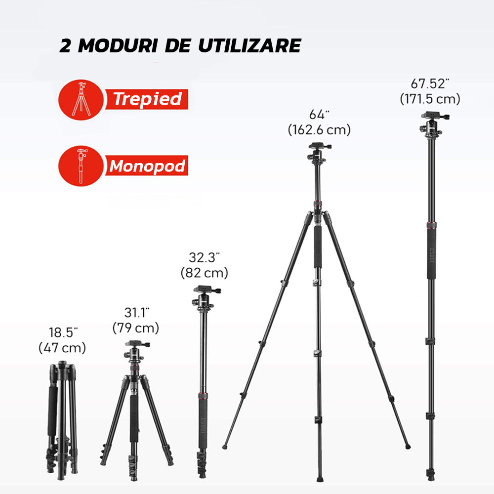 Trepied Foto/Video Profesional - 2 Moduri de Utilizare, Monopied, Greutate Max 8GK, Rotatie 360°, Ajustabil, Aluminiu, 47-171.5cm, Negru