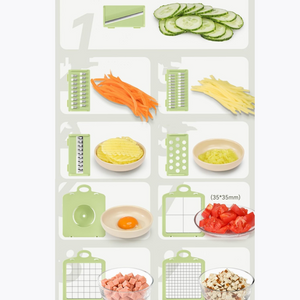Multifunctional Slicer, 12 Pieces, for Fruits, Vegetables, Storage Container, Gray/Green