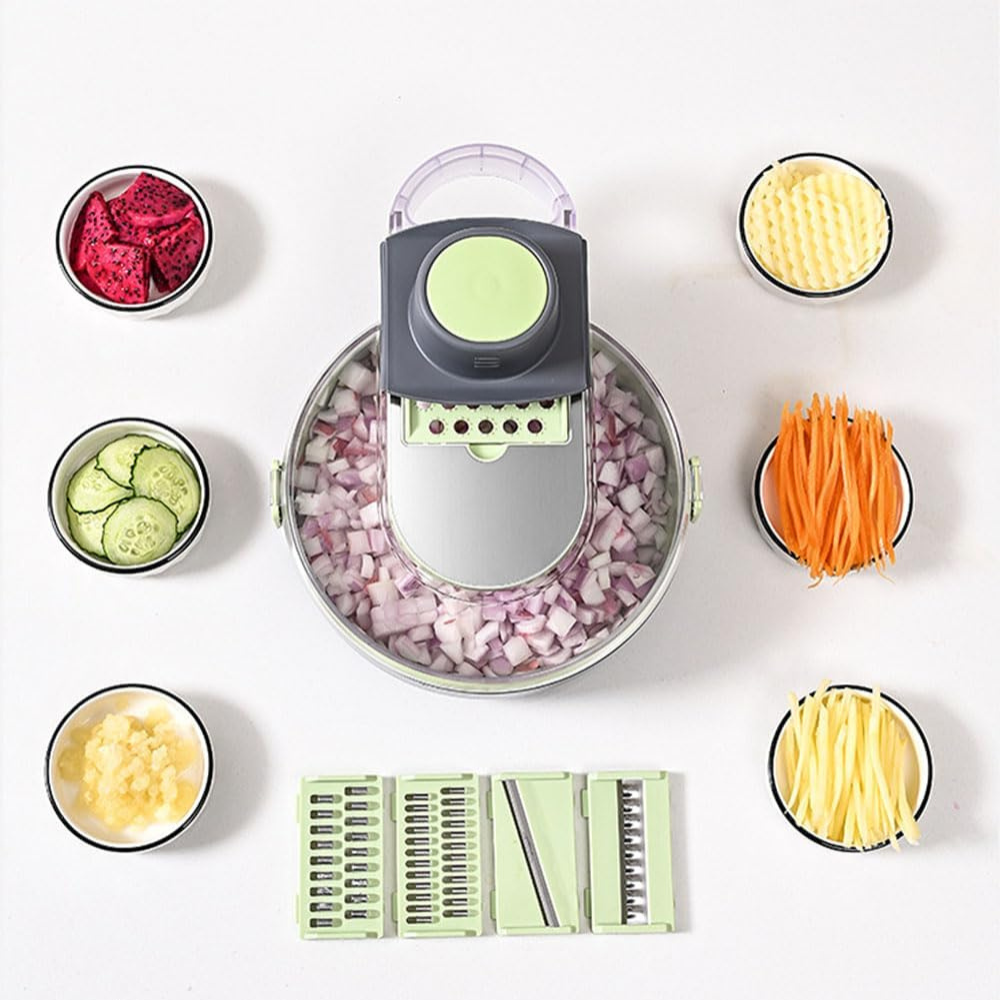 Multifunctional Slicer, 12 Pieces, for Fruits, Vegetables, Storage Container, Gray/Green