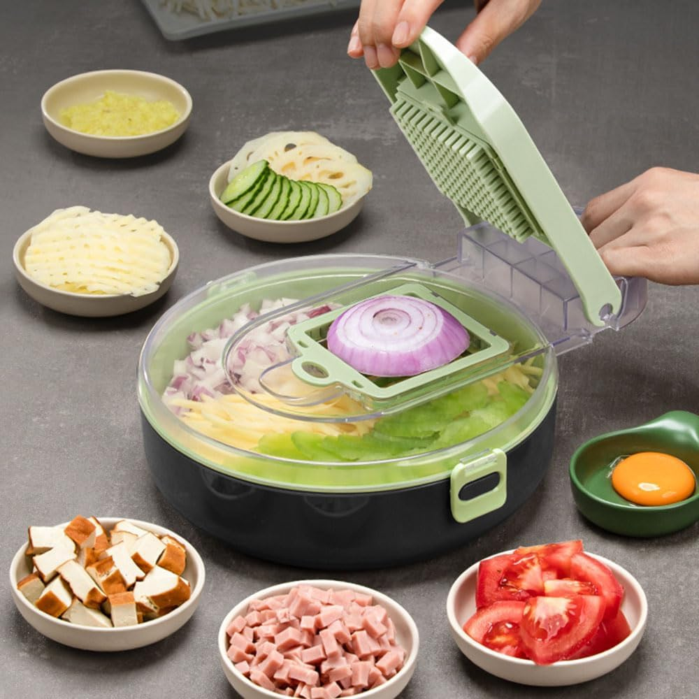 Multifunctional Slicer, 12 Pieces, for Fruits, Vegetables, Storage Container, Gray/Green