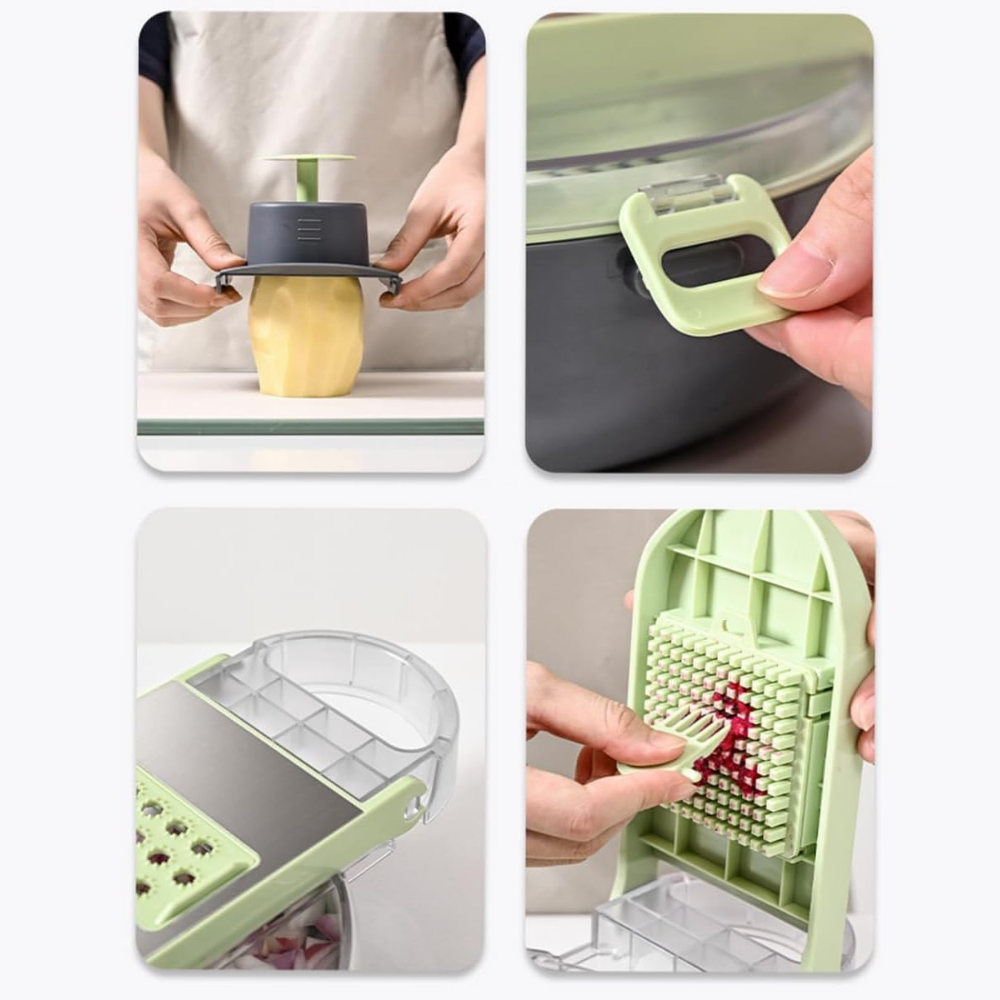 Multifunctional Slicer, 12 Pieces, for Fruits, Vegetables, Storage Container, Gray/Green