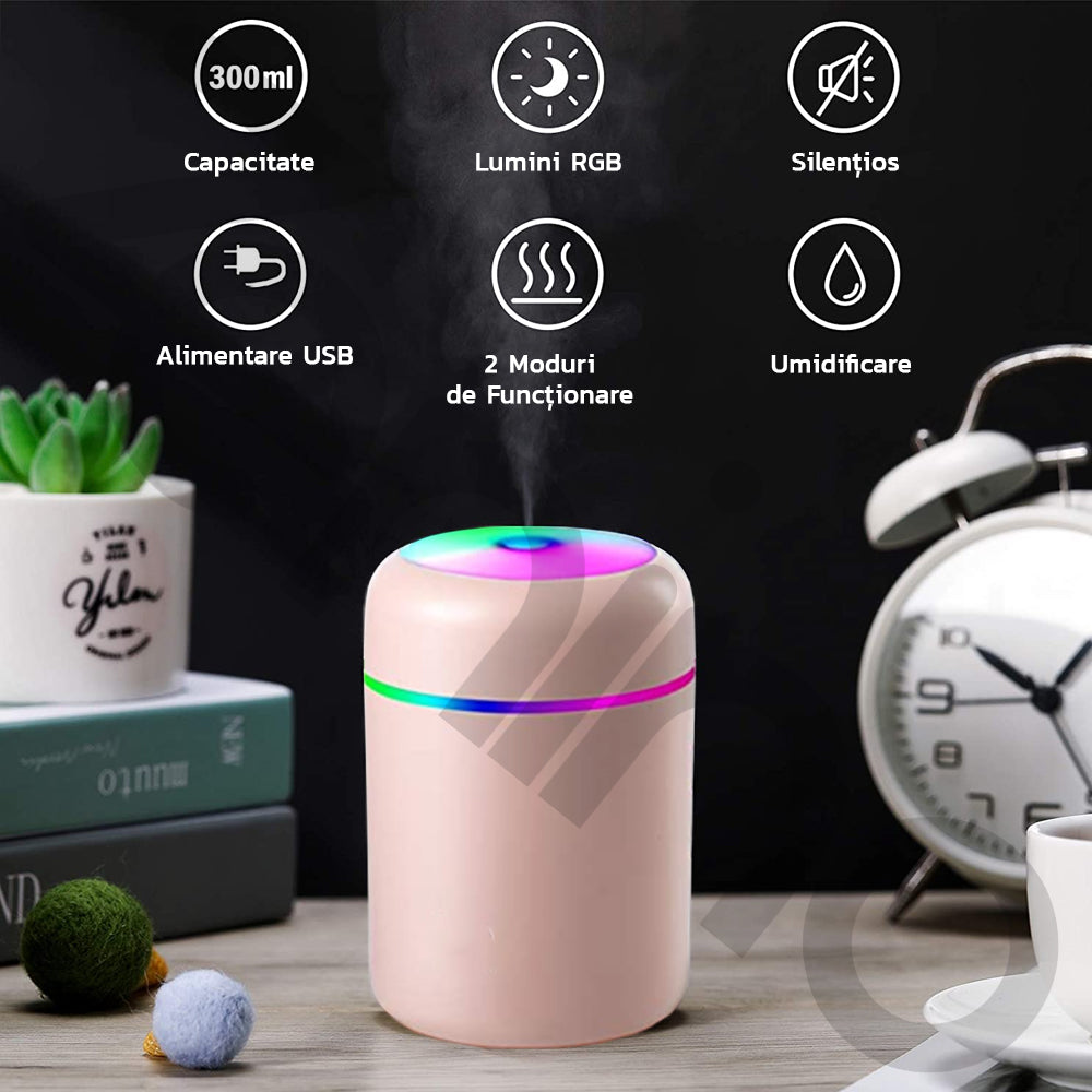 Difuzor Aromaterapie Zenino - RGB, 2 Jocuri de Lumini,  300 ml, USB, Pentru Casa Si Auto