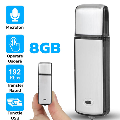 Reportofon Spion USB Stick Zenino - 8GB, 2 in 1, Functie Stocare si Salvare Date, Autonomie 16 Ore, Indicator LED, 192kbps, 6.5cm x 2cm x 0.8cm, Gri