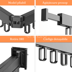 Suport Uscare Haine, Model Telescopic, 2-3 Tije, Agatatori Umerase, Pliabil, Metalic, Fixare in Perete, Negru