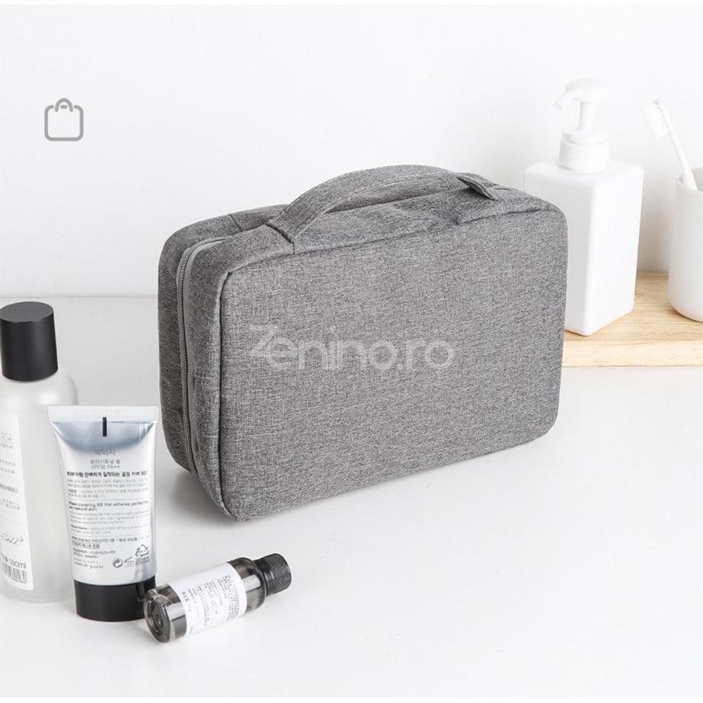 Geanta Cosmetice, pentru Voiaj, 3 Compartimente, Imperbeabil, Agatatoare, Material Textil, Gri