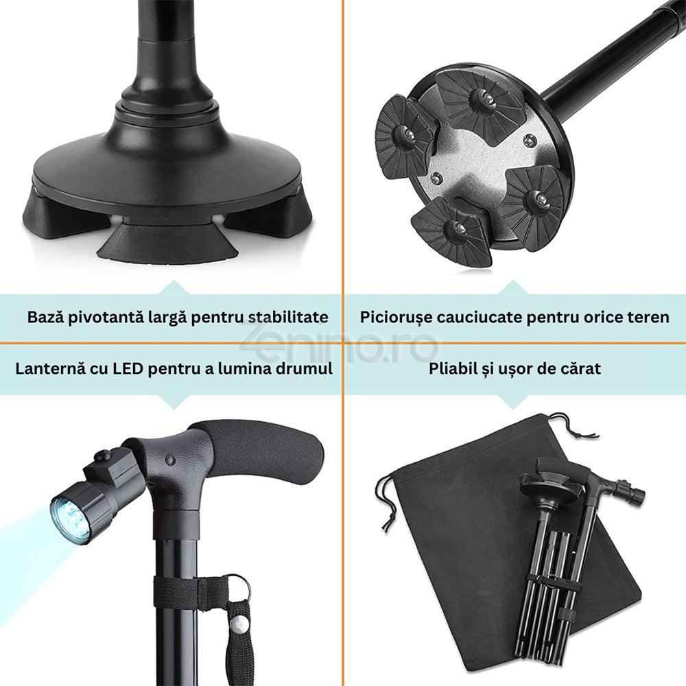 Baston Pliabil Extensibil - Maner, Lanterna cu 6 LED-uri, Ajustabil 84cm-94cm, Aluminiu, Negru