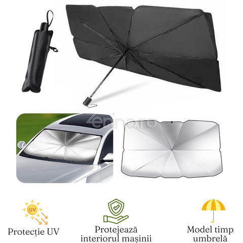 Parasolar Auto tip Umbrela, Pliabil, Protectie UV, Protejeaza Interiorul Masinii, Acoperire Extinsa, 130x75 cm, Gri/Negru