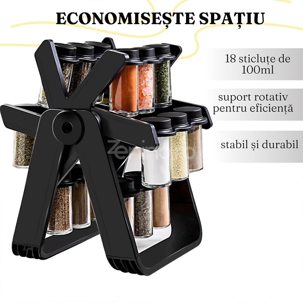 Suport Rotativ Condimente, 18 Sticle 100ml, Usor de Montat, Negru