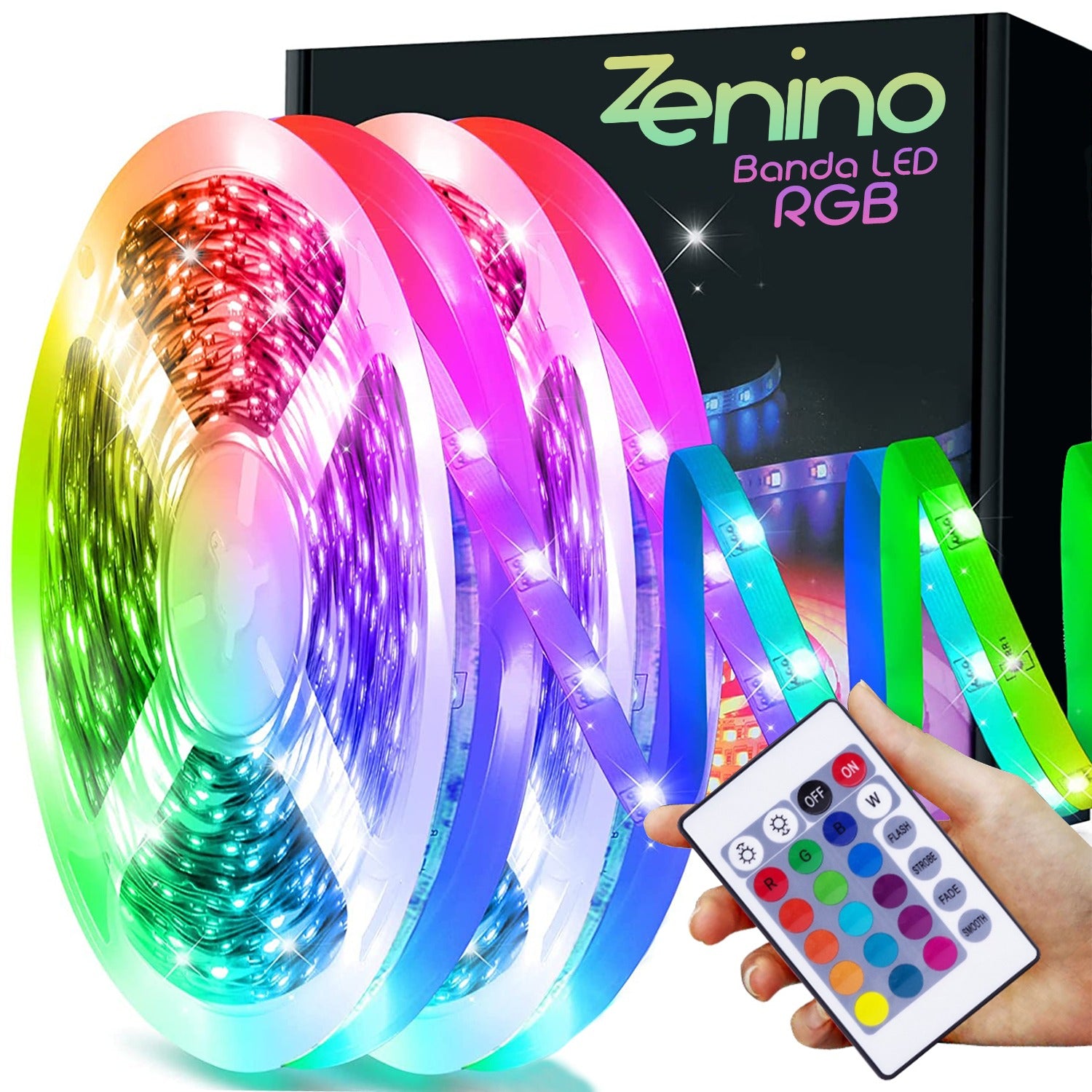 Kit Banda Led RGB Zenino® - Lungime 10M, 4 Moduri de Iluminare, 16 Culori, Transformator, Telecomanda 24 Taste, IP65, Negru