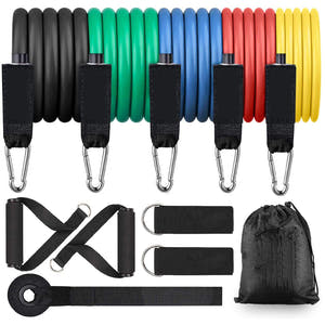 Training Set, Expander with 11 Accessories, 5 Elastic Bands, 2 Handles, 2 Leg Straps, Door Anchor, Bag, Fitness, Black