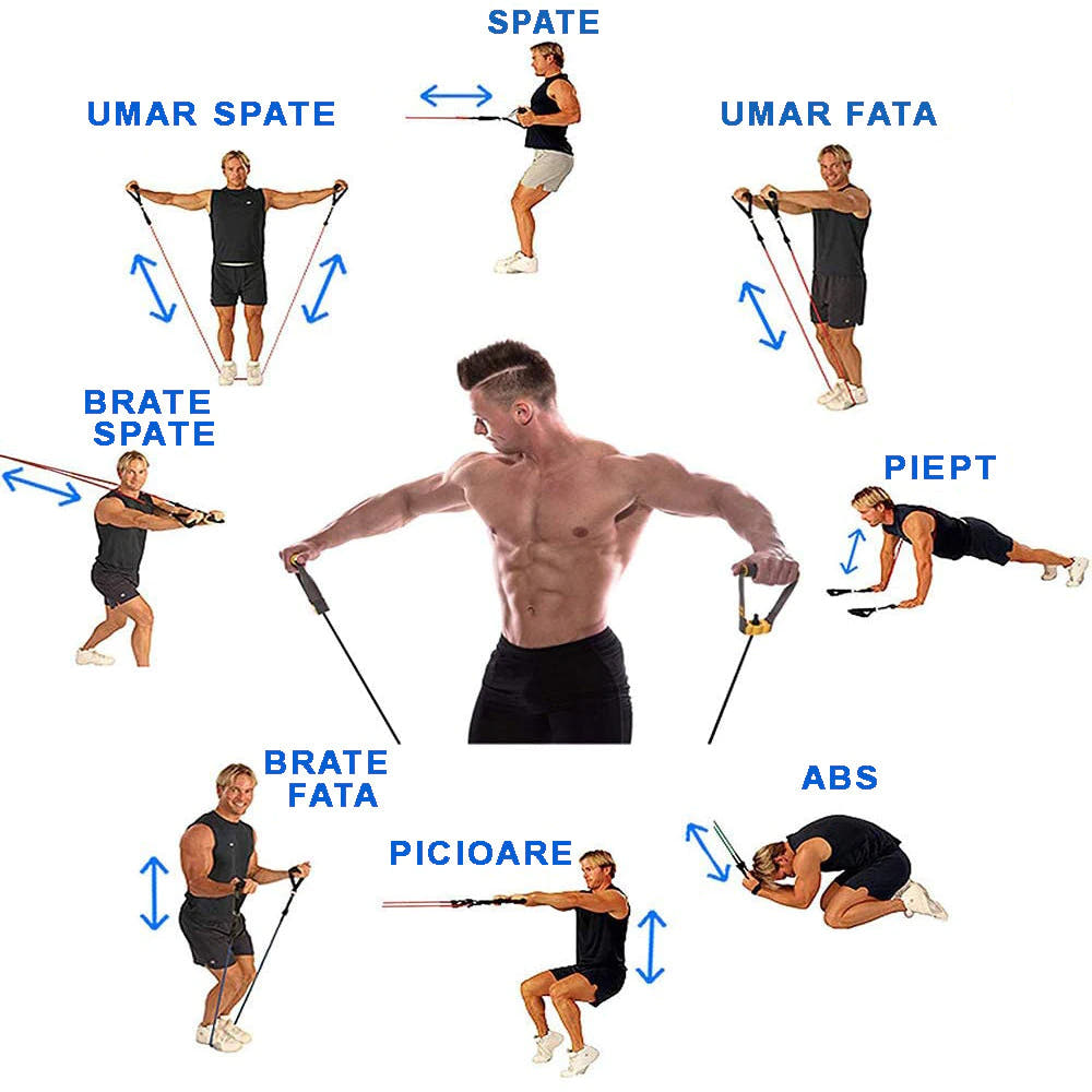 Training Set, Expander with 11 Accessories, 5 Elastic Bands, 2 Handles, 2 Leg Straps, Door Anchor, Bag, Fitness, Black