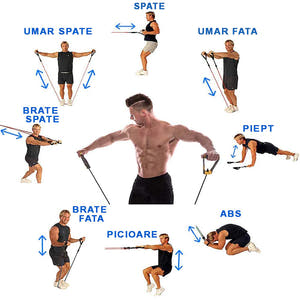 Training Set, Expander with 11 Accessories, 5 Elastic Bands, 2 Handles, 2 Leg Straps, Door Anchor, Bag, Fitness, Black