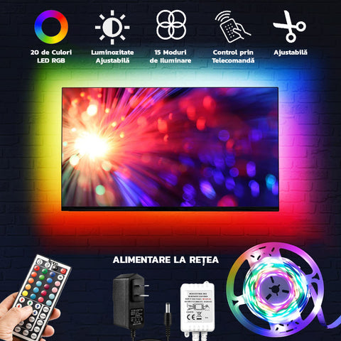 Kit Banda Led RGB Zenino® - Lungime 5M, 300 LED-uri, 15 Moduri de Iluminare, 20 Culori,  Telecomanda 44 Taste, IP65, Negru