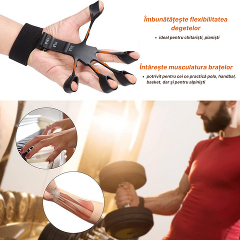 Set 2 Flexori Degete, Curea Sustinere Velcro, 6 Niveluri de Dificultate, Antrenament Maini, Degete, Antebrat, Recuperare Fizica, Flexibile, Negru/Gri