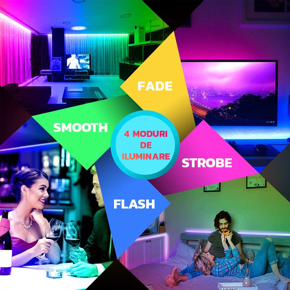 Kit Banda Led RGB, Lungime 5M, 300 LED-uri, Telecomanda 24 Taste, Lumina Ambientala, Negru