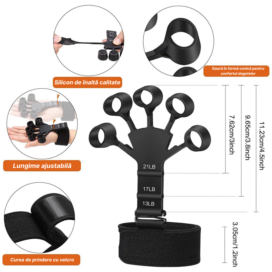 Set 2 Flexori Degete, Curea Sustinere Velcro, 6 Niveluri de Dificultate, Antrenament Maini, Degete, Antebrat, Recuperare Fizica, Flexibile, Negru/Gri