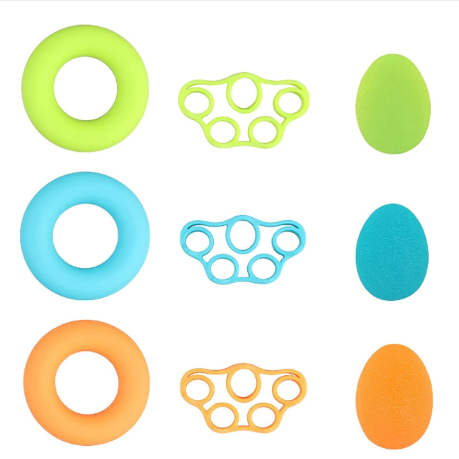 Set 9 Flexori pentru Exercitii Zenino - Antrenament Maini, Degete, Antebrat, Niveluri de Dificultate, Recuperare, Saculet Inclus, Multicolor