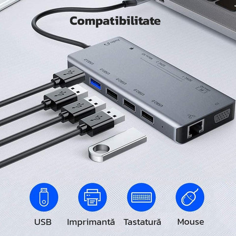 Adaptor HUB 13in1, 1000Mbs/s, Porturi USB, HDMI, AUX, Ethernet, Sloturi Card Memorie, Aluminiu, Gri