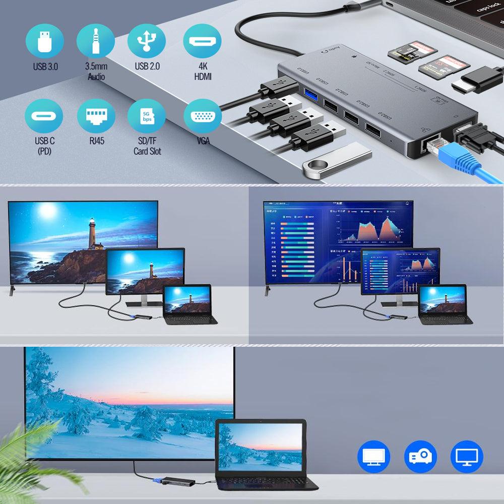 Adaptor HUB 13in1, 1000Mbs/s, Porturi USB, HDMI, AUX, Ethernet, Sloturi Card Memorie, Aluminiu, Gri