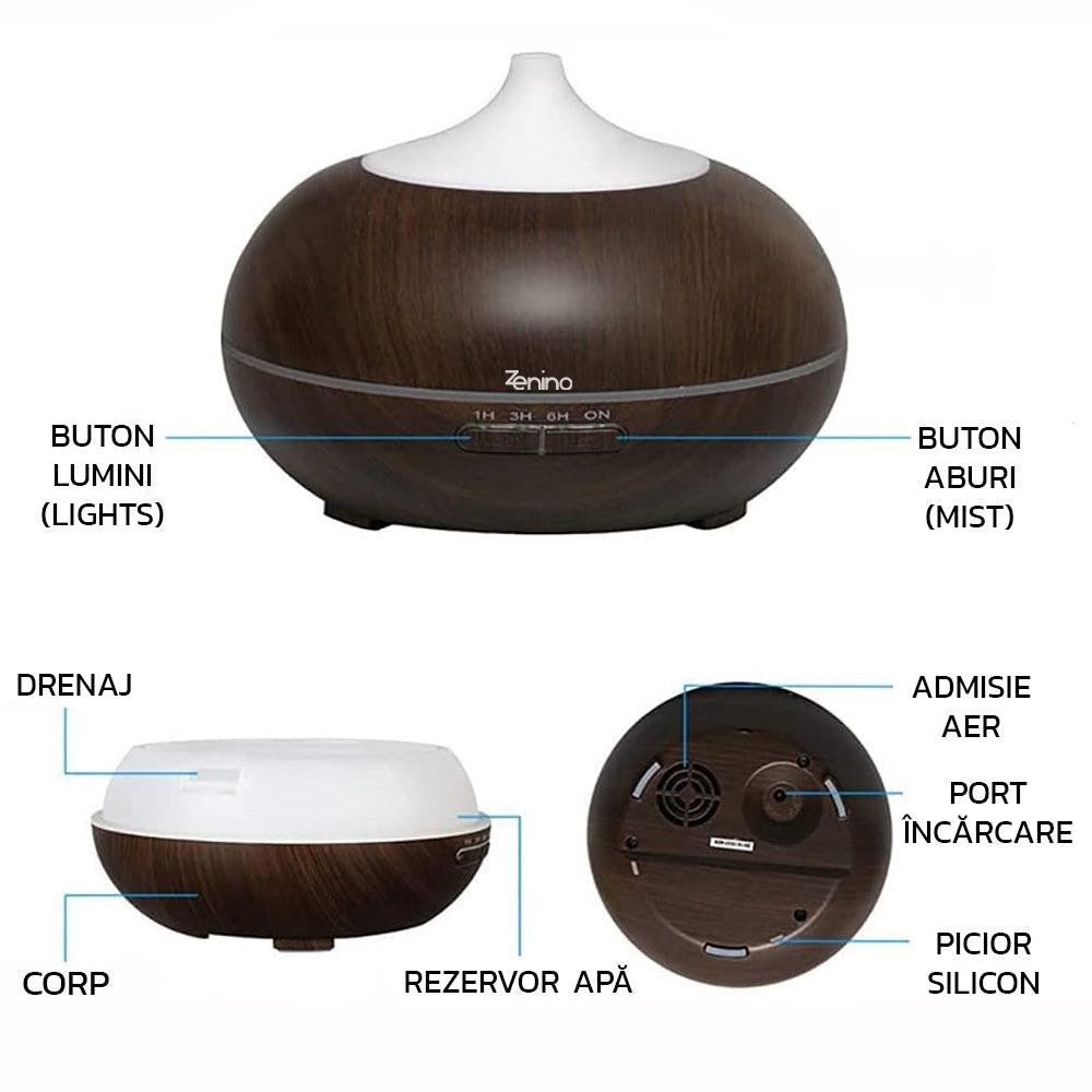 Difuzor Aromaterapie, Umidificator, Purificator Aer, Temporizator, 7 Culori LED, 550ml, Telecomanda Inclusa, Stejar Inchis