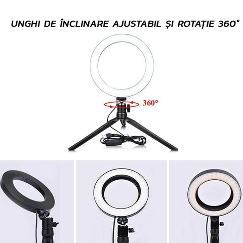 Lampa Circulara Ring Light Zenino® - Diametru 26cm/10 Inch, LED, Trepied 20cm, 3 Moduri de Lumina, 10 Trepte Reglaj, Alb