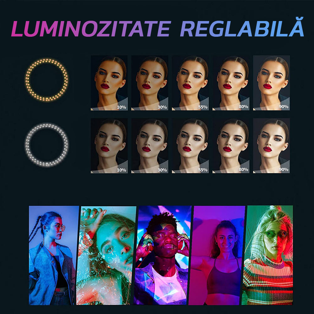 Lampa Circulara Ring Light RGB Zenino® - Diametru 31cm/12 Inch, LED, Trepied 20cm, Suport Telefon, Jocuri de Lumini, 10 Trepte Reglaj, Multicolor