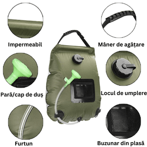 Dus Portabil cu Incalzire Solara pentru Camping, 20L, cu Termometru, Inchidere Etansa, Maner pentru Agatare, Verde