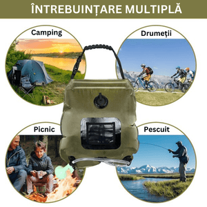 Dus Portabil cu Incalzire Solara pentru Camping, 20L, cu Termometru, Inchidere Etansa, Maner pentru Agatare, Verde