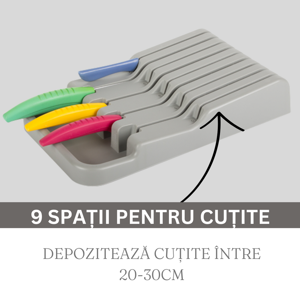 Organizator Cutite pentru Sertar Zenino - 9 Spatii, Picioruse Anti-Alunecare, Plastic, 17.5cm x 30cm, Gri
