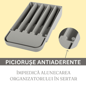 Organizator Cutite pentru Sertar, 9 Spatii, Picioruse Anti-Alunecare, Plastic, 17.5cm x 30cm, Gri