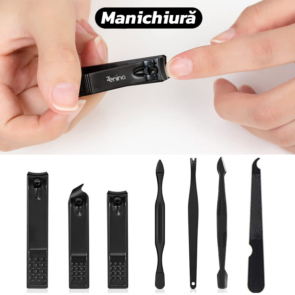 Trusa Profesionala de Manichiura/Pedichiura, 15 Piese, Multifunctionala, Inox, Diverse Instrumente, Indepartare Cuticule Unghii, Negru