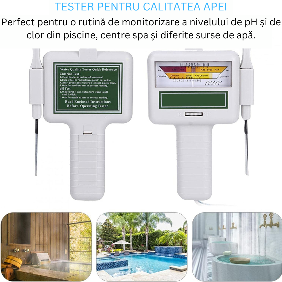 Tester pentru Calitatea Apei Zenino - Masoara Nivelul de pH si Clor, Precizie Ridicata, Ecran Mare, Portabil, Material Durabil, Alb