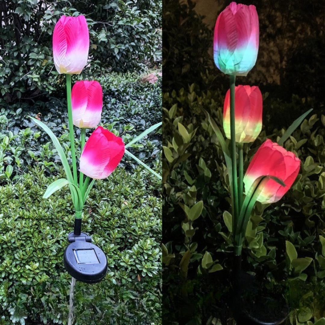 Set 4 Lampi Solare Lalea Zenino -  3 Flori pe Lampa, Rezistente, IP65, Fixare in Sol, 600mAh, 78 cm, Multicolor