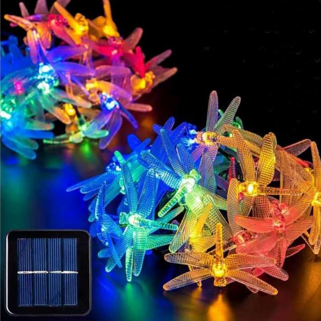 Ghirlanda cu Panou Solar, 30 LED, Forma de Libelula, IP65, Fixare in Pamant, Luminare 7 ore, Lungime 6.5m, Multicolor