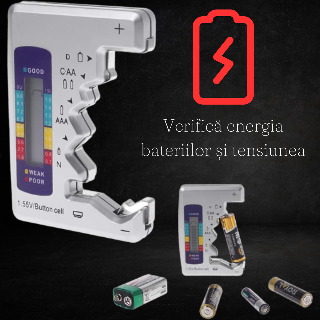 Tester Digital Baterie Zenino - Afisaj LCD, Verificare Rapida, Marcaj Colorat Tensiune,  Argintiu
