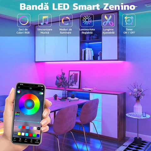 Banda Led Smart RGB - Control prin Aplicatie, Bluetooth, Lungime 2M, Sincronizare Muzica, USB, Moduri de Iluminare, Luminozitate Ajustabila, Lungime Reglabila, Interconectabila, Negru