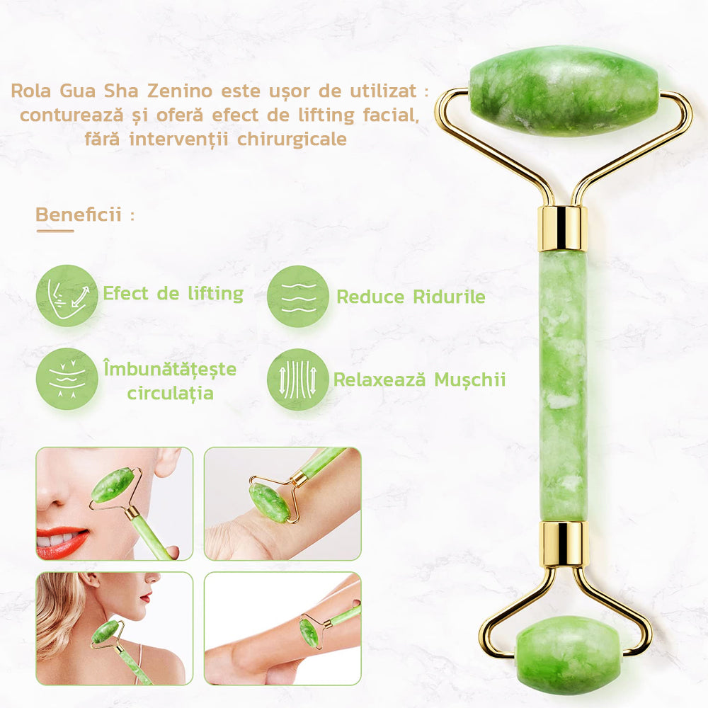 Set Rola de Masaj Facial Zenino® - Gua Sha, Piatra de Jad, Pentru Fata si Corp, Anti-Rid, Verde