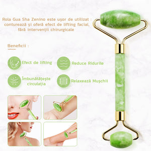 Set Rola de Masaj Facial Zenino® - Gua Sha, Piatra de Jad, Pentru Fata si Corp, Anti-Rid, Verde