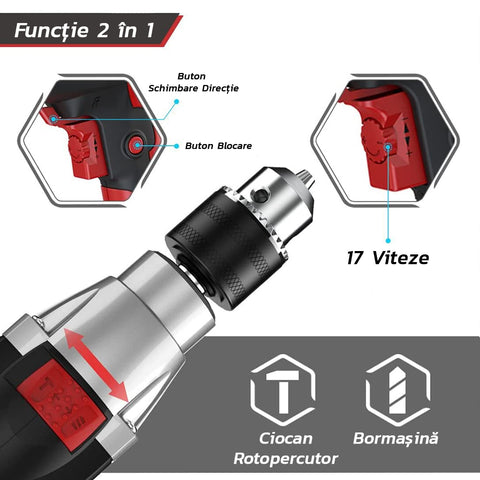 Masina de Gaurit si Insurubat  Zenino - Functie 2in1, Bormasina/Ciocan Rotopercutor, 950W, 17 Trepte de Viteza, 2800RPM, Maner Detasabil, Rosu/Negru