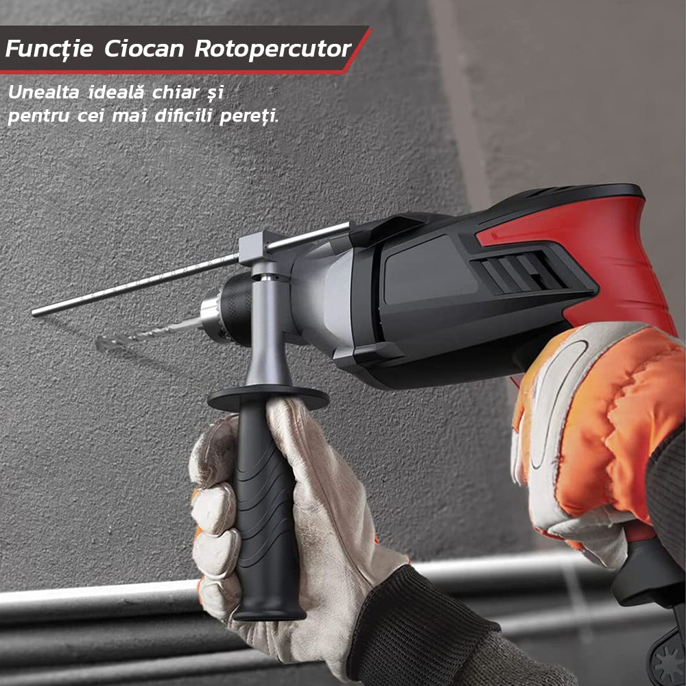 Masina de Gaurit si Insurubat  Zenino - Functie 2in1, Bormasina/Ciocan Rotopercutor, 950W, 17 Trepte de Viteza, 2800RPM, Maner Detasabil, Rosu/Negru
