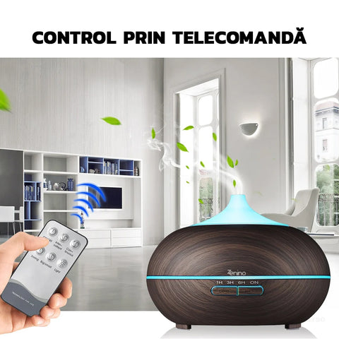 Difuzor Aromaterapie, Umidificator, Purificator Aer, Temporizator, 7 Culori LED, 550ml, Telecomanda Inclusa, Stejar Inchis